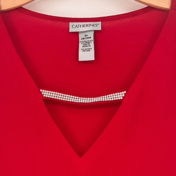 Catherines Red V-Neck Long Sleeve Top Rhinestone Accent size 3X 26/28W - Picture 5 of 11